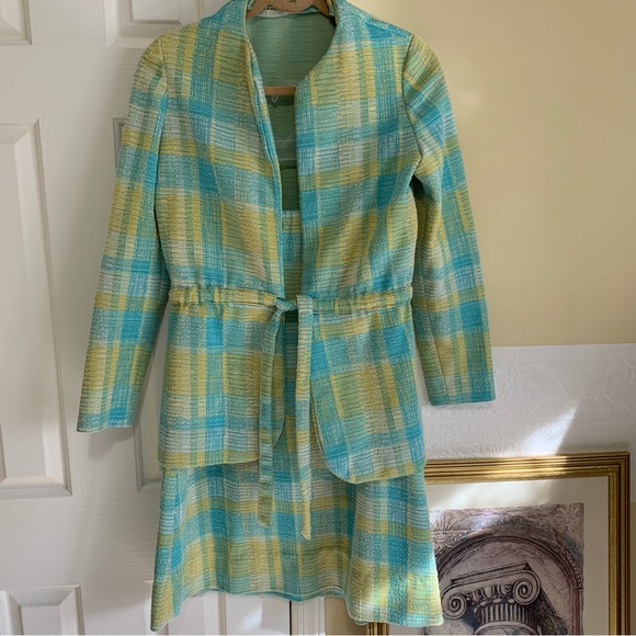 Aqua / Yellow Plaid Tweed Woman’s 2 Piece Skirt Set Vintage Size Medium NO Tags - Picture 13 of 16
